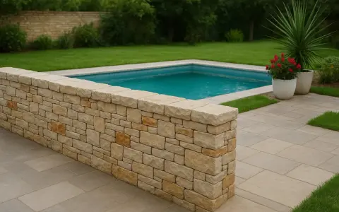 Un muretto in pietra fai da te delimita una piscina azzurra, circondata da prato verde e pavimentazione chiara.