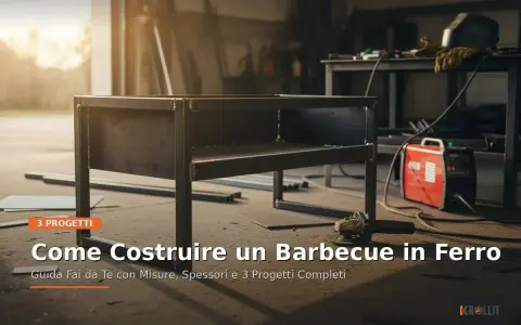 Barbecue in costruzione, con saldature visibili su una struttura in ferro. Attrezzi da lavoro e saldatrice rossa suggeriscono la lavorazione dell'acciaio temprato.
