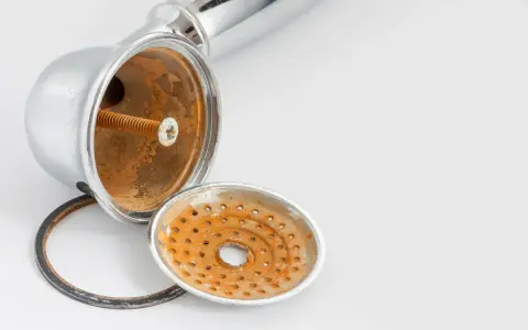 Doccia arrugginita, pronta per essere pulita con aceto e bicarbonato. La ruggine ha invaso il soffione e la guarnizione.
