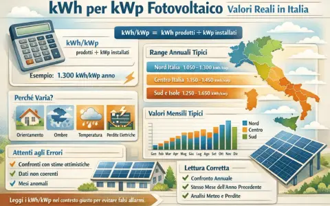 Infografica su kWh per kWp fotovoltaico in Italia, con dati su produzione, range annuali e mensili, e fattori che influenzano la potenza.