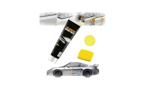 Car scratch repair paste tube, yellow sponge, microfiber cloth, and a car split to show before/after repair.