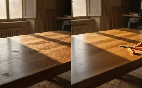 Prima e dopo: un vecchio tavolo di legno graffiato viene riportato a nuova vita. Uno scalpello e un panno arancione sono pronti per il restauro.