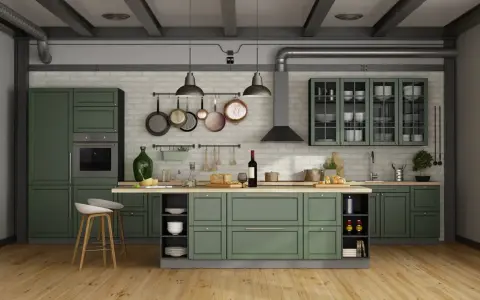 Cucina moderna con ante verdi, ideale per chi vuole rinnovare le ante della cucina con stile industriale.