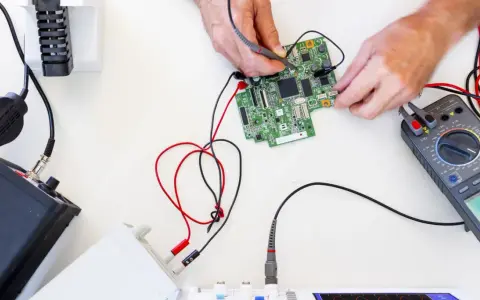Mani che usano un multimetro per regolare uno strumento di misura su una scheda elettronica.