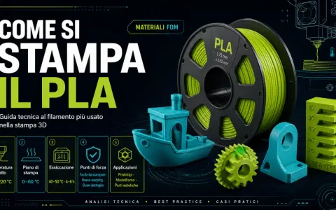 Bobina di filamento PLA, la guida tecnica per stampare questo materiale versatile. Include un modello di barca, ingranaggi e un supporto, con indicazioni su temperatura e applicazioni.