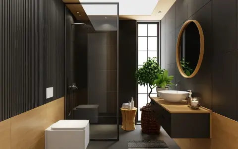Bagno moderno con doccia, WC sospeso e lavabo. Le pareti sono rivestite con piastrelle nere e inserti in legno, creando un effetto di sovrapposizione che ricorda il lavoro di incollare piastrelle su piastrelle bagno.
