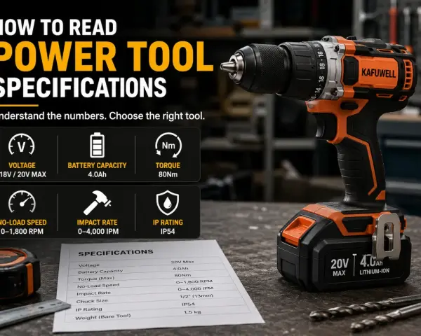 Trapano avvitatore con specifiche tecniche: voltaggio, capacità batteria, coppia, velocità, impatto e rating IP.