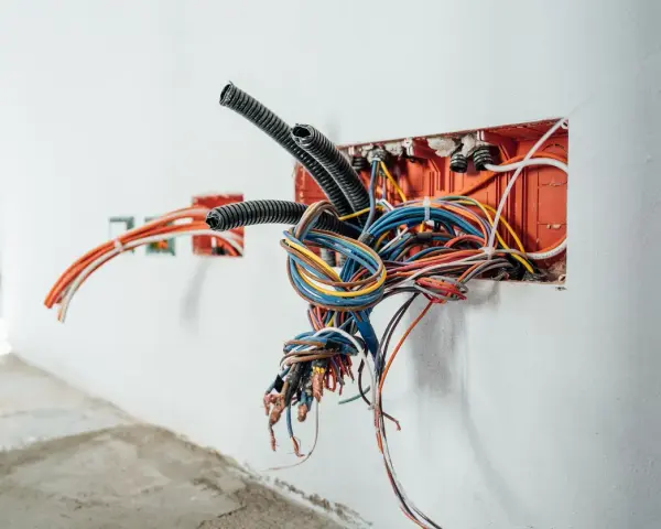 Un groviglio di cavi elettrici dai vivaci colori fase emerge da una scatola arancione incassata nel muro, pronto per essere collegato.
