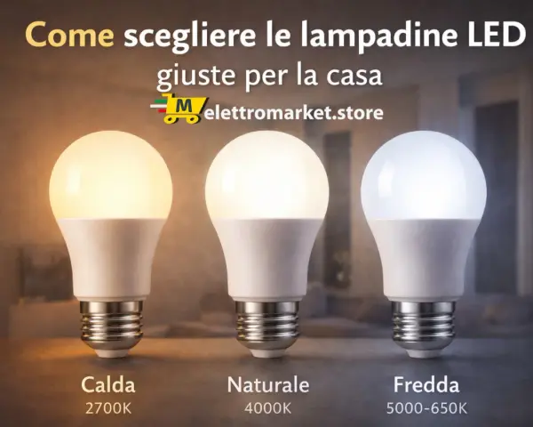 Tre tipi di lampade LED: calda (2700K), naturale (4000K) e fredda (5000-650K), per scegliere l'illuminazione giusta per la casa.