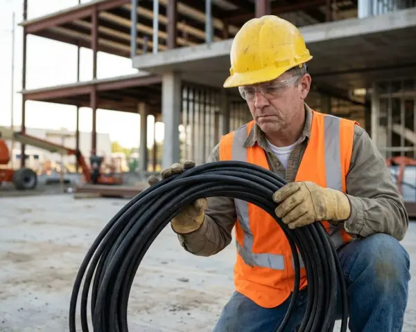 Operaio con elmetto giallo e giubbotto arancione tiene un rotolo di cavo nero, pronto per capire come fare una prolunga elettrica in cantiere.
