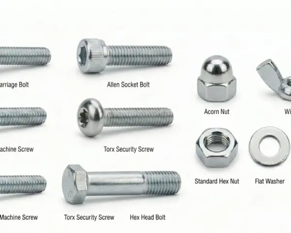 Viti, bulloni e dadi di vario tipo, tra cui testa esagonale e Torx, mostrano come si avvita per fissare.