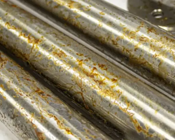 Tre tubi metallici mostrano segni di ruggine e corrosione, con l'acciaio annerisce in alcune aree.
