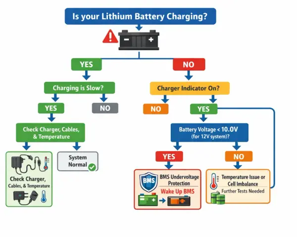 Diagramma di flusso per diagnosticare una batteria al litio che non si carica. Se la batteria nuova è scarica, controlla il caricabatterie e la temperatura.