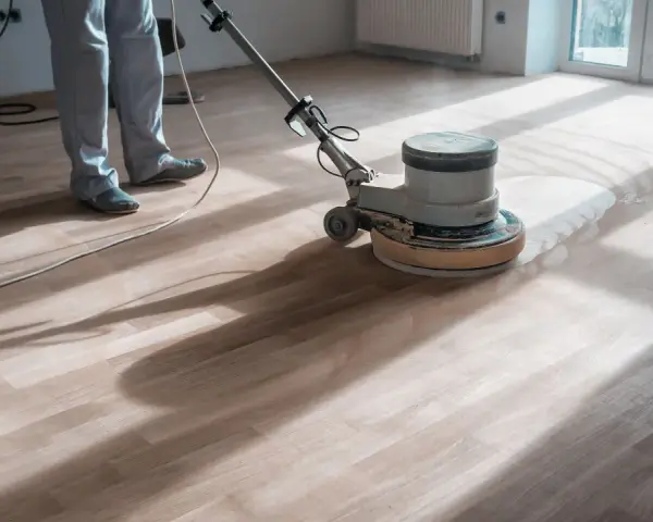 Un professionista usa una levigatrice per decerare il parquet, sollevando una nuvola di polvere.