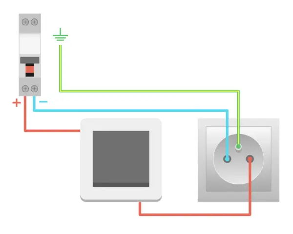 Schema elettrico: interruttore, presa e lampadina collegati. Il circuito mostra la protezione con interruttore magnetotermico.