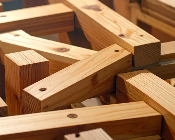 Legno grezzo, tagliato e forato, pronto per diventare mobili. Travi di pino grezzo, perfette per costruire.