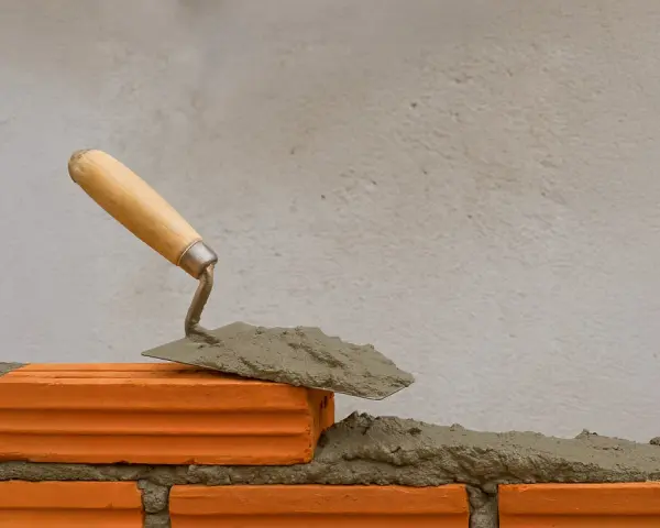 Una cazzuola con la malta pronta per costruire un muro. La malta a cosa serve? A tenere insieme i mattoni, creando strutture solide.