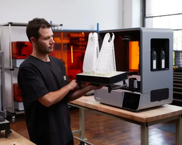 Uomo osserva due modelli architettonici bianchi appena stampati in 3D, pronti per essere rimossi dalla stampante.