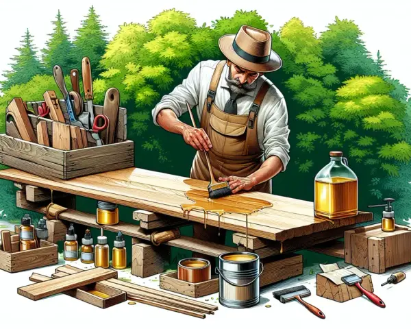 Artigiano con cappello e grembiule applica olio su tavole di legno per proteggerle. Impara come impermeabilizzare il legno con questo metodo naturale.