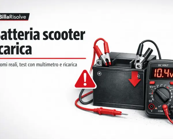 Batteria scooter scarica: il multimetro segna 10.4V, indicando che non parte se la batteria è scarica. Test e ricarica.