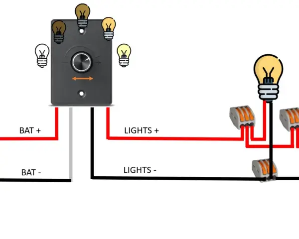 Schema per collegare pulsante luce: batteria 12/24V collegata a un dimmer, che a sua volta alimenta più lampadine tramite connettori.