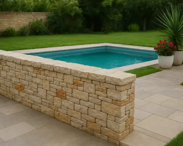 Un muretto in pietra fai da te delimita una piscina azzurra, circondata da prato verde e pavimentazione chiara.