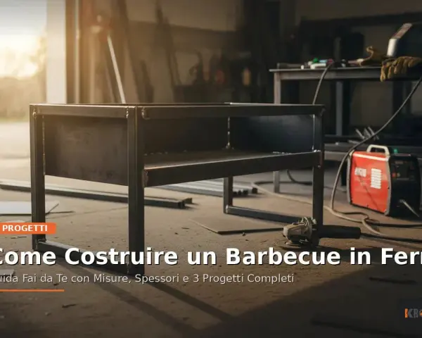 Barbecue in costruzione, con saldature visibili su una struttura in ferro. Attrezzi da lavoro e saldatrice rossa suggeriscono la lavorazione dell'acciaio temprato.
