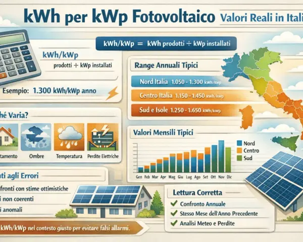 Infografica su kWh per kWp fotovoltaico in Italia, con dati su produzione, range annuali e mensili, e fattori che influenzano la potenza.
