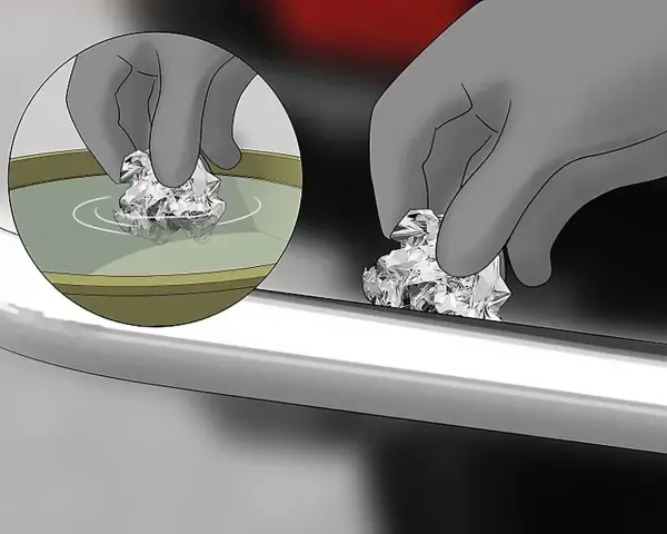 Guanto grigio immerge carta stagnola in acqua per rimuovere la ruggine dall'acciaio cromato.