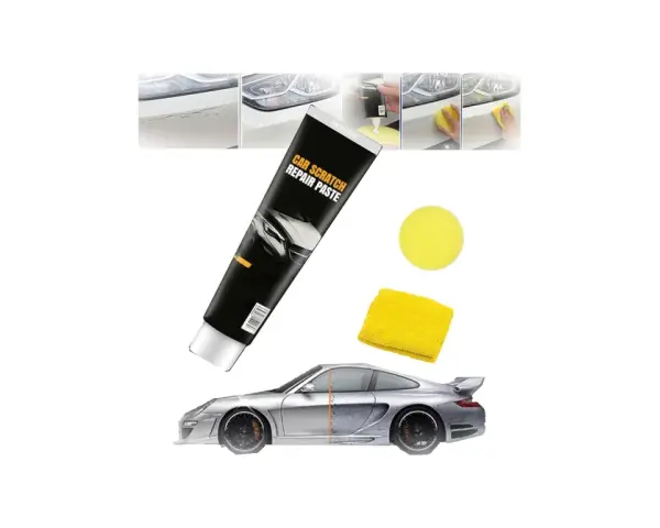 Car scratch repair paste tube, yellow sponge, microfiber cloth, and a car split to show before/after repair.