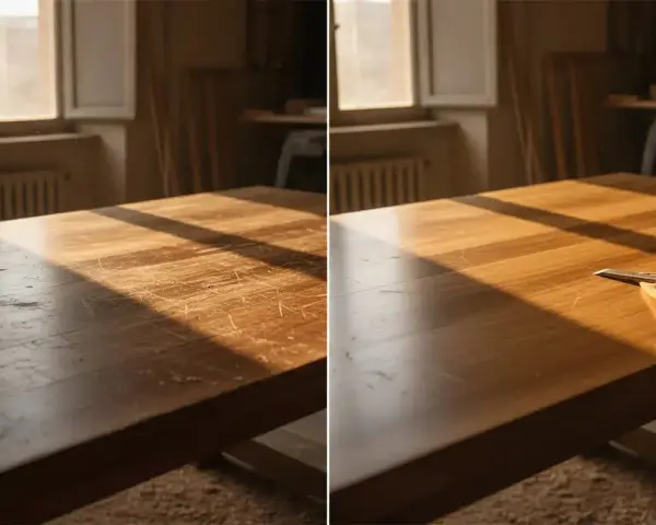 Prima e dopo: un vecchio tavolo di legno graffiato viene riportato a nuova vita. Uno scalpello e un panno arancione sono pronti per il restauro.