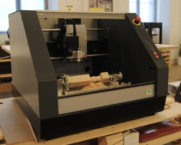 Macchina CNC in azione, che mostra come fresare il legno con trapano, creando trucioli di legno.