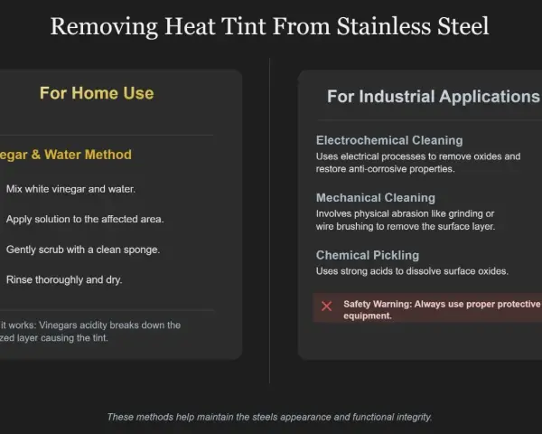 Guida su come rimuovere la tintura da acciaio macchiato da calore, con metodi casalinghi e industriali.