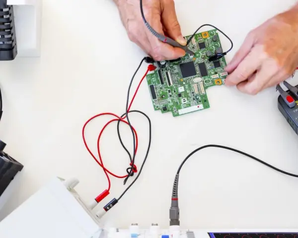Mani che usano un multimetro per regolare uno strumento di misura su una scheda elettronica.