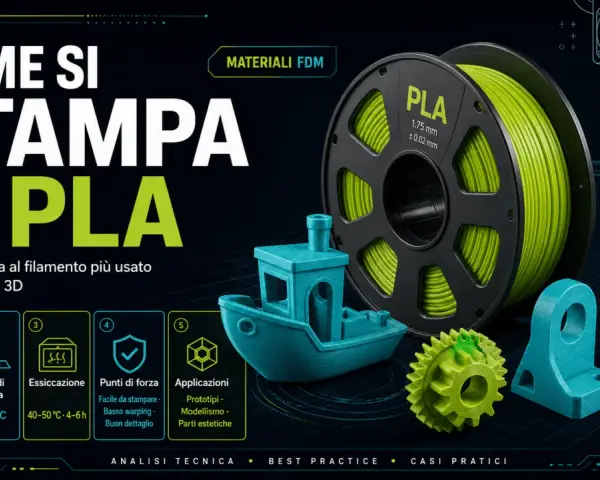 Bobina di filamento PLA, la guida tecnica per stampare questo materiale versatile. Include un modello di barca, ingranaggi e un supporto, con indicazioni su temperatura e applicazioni.