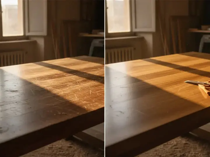 Prima e dopo: un vecchio tavolo di legno graffiato viene riportato a nuova vita. Uno scalpello e un panno arancione sono pronti per il restauro.