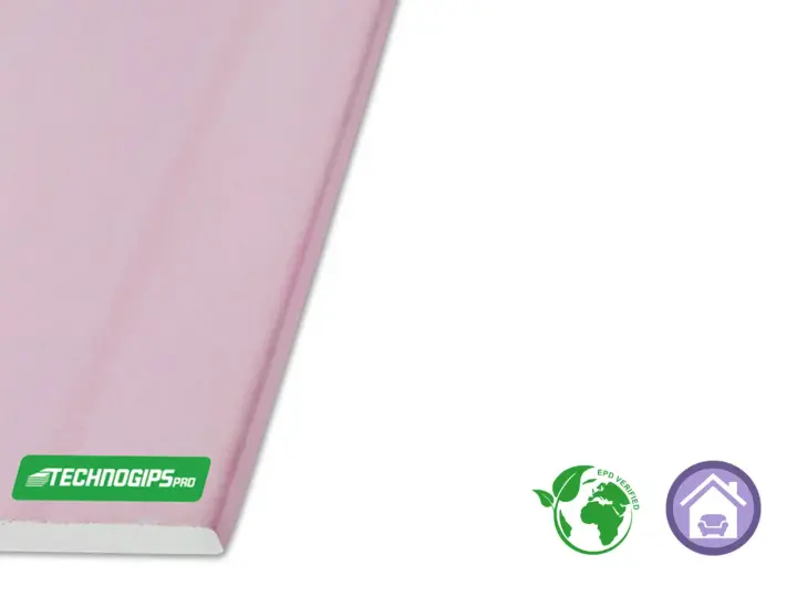 Lastra rosa Technogips Pro, con logo e certificazioni ambientali. Il cartongesso è ignifugo, garantendo sicurezza in casa.