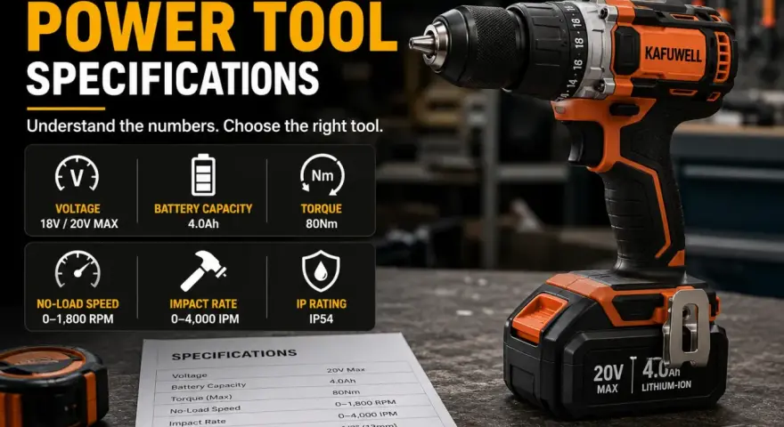 Trapano avvitatore con specifiche tecniche: voltaggio, capacità batteria, coppia, velocità, impatto e rating IP.