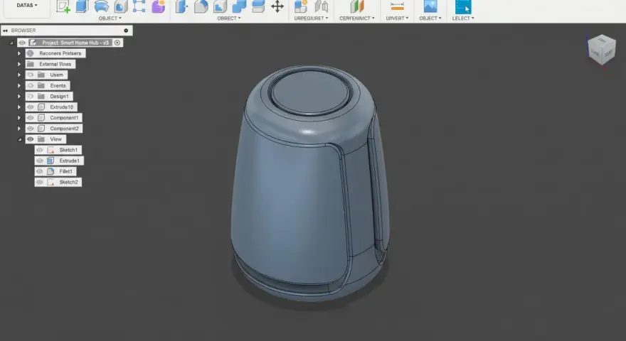 Modellazione di un hub domestico intelligente in Fusion 360. Il progetto mostra un oggetto cilindrico con dettagli curvi.