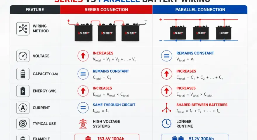 Tabella comparativa: collegamenti serie vs parallelo batterie. Serie aumenta voltaggio, parallelo aumenta ampere.