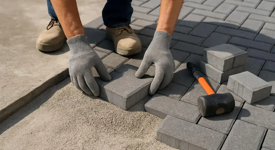 Mani guantate posano con cura le piastrelle grigie, creando un nuovo percorso. Cemento e martello sono pronti per completare il lavoro.