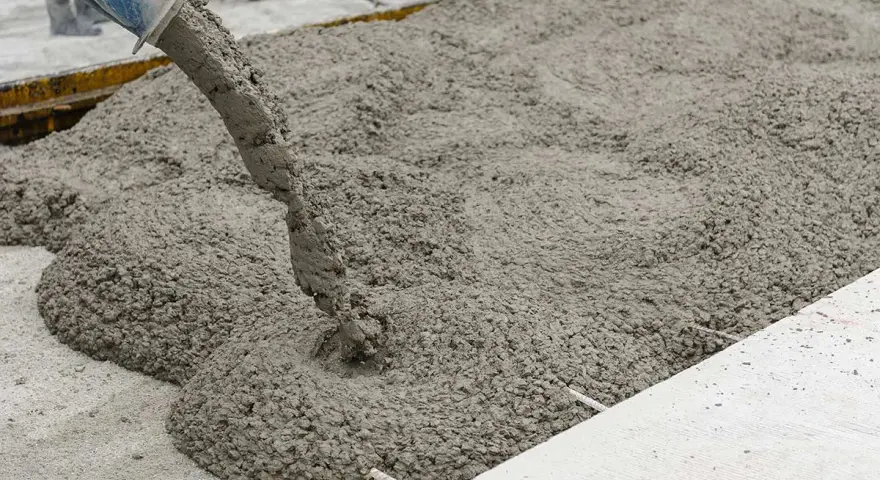 Il cemento fresco viene versato da una betoniera, mostrando come si fa il cemento per una nuova pavimentazione.