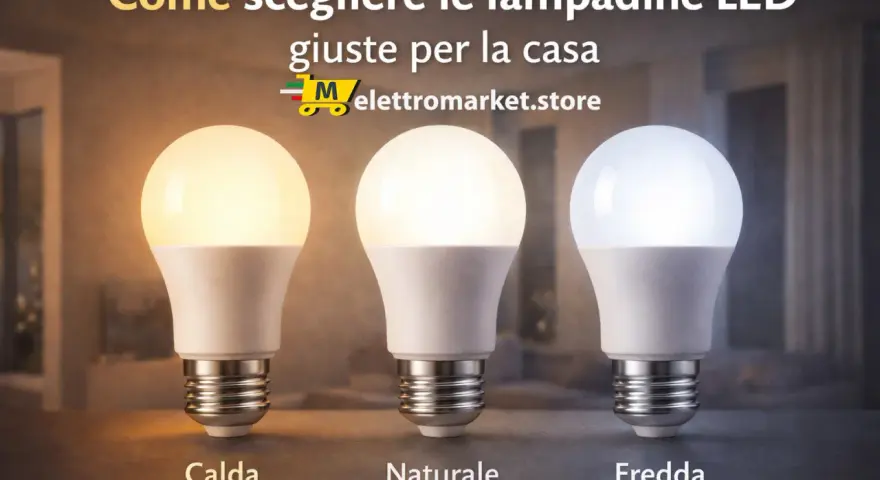 Tre tipi di lampade LED: calda (2700K), naturale (4000K) e fredda (5000-650K), per scegliere l'illuminazione giusta per la casa.