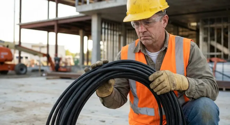 Operaio con elmetto giallo e giubbotto arancione tiene un rotolo di cavo nero, pronto per capire come fare una prolunga elettrica in cantiere.