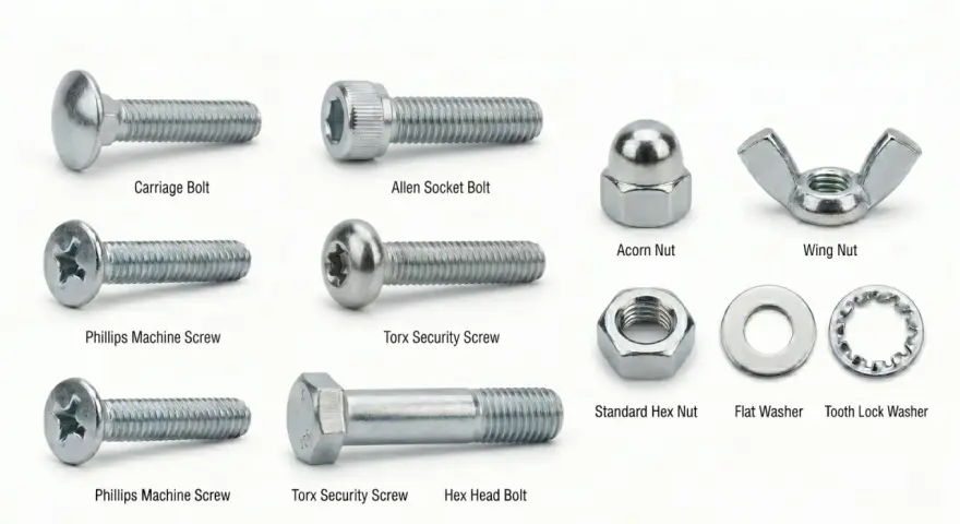 Viti, bulloni e dadi di vario tipo, tra cui testa esagonale e Torx, mostrano come si avvita per fissare.