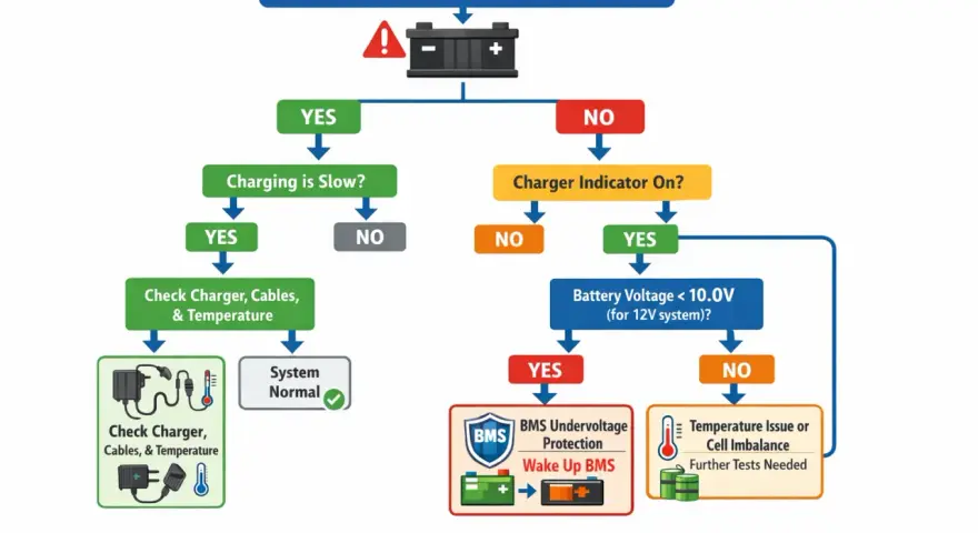 Diagramma di flusso per diagnosticare una batteria al litio che non si carica. Se la batteria nuova è scarica, controlla il caricabatterie e la temperatura.