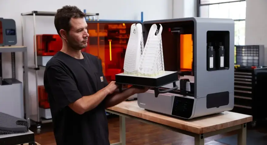 Uomo osserva due modelli architettonici bianchi appena stampati in 3D, pronti per essere rimossi dalla stampante.