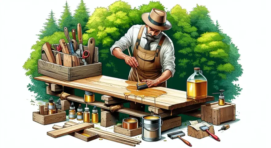 Artigiano con cappello e grembiule applica olio su tavole di legno per proteggerle. Impara come impermeabilizzare il legno con questo metodo naturale.