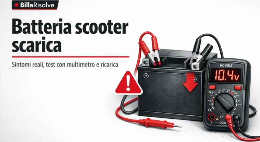 Batteria scooter scarica: il multimetro segna 10.4V, indicando che non parte se la batteria è scarica. Test e ricarica.