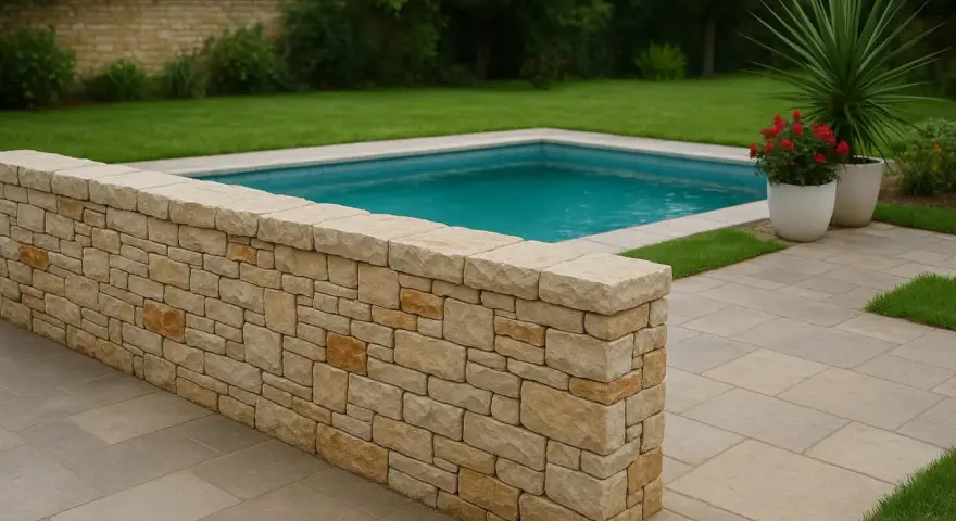 Un muretto in pietra fai da te delimita una piscina azzurra, circondata da prato verde e pavimentazione chiara.